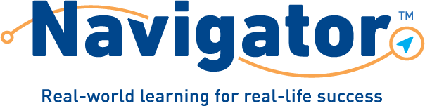 The Navigator logo is shown. The word “Navigator” is in dark blue with an orange arrow through it. “Real-world learning for real-life success” is written below in dark blue.